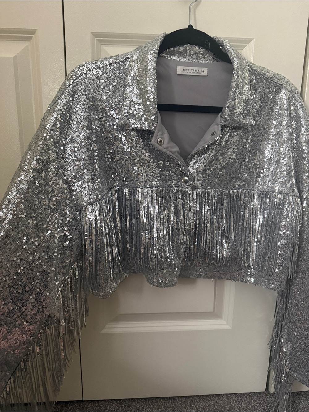 12th Tribe Silver Sequin Fringe Shirt Jacket - Picture 1 of 4